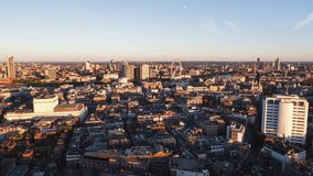 Aerial View Shot of London UK, United Kingdom, Central London, beautiful light, gold