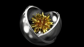Realistic looping 3D animation of the abstract morphing textured gold spiky form inside of two textured silver metal hemispheres rendered in UHD with alpha matte - Powered by Shutterstock - Get 15% off with code: PIKWIZARD15