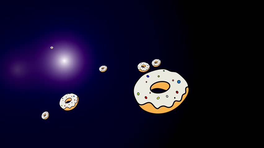 Cartoon donuts in glaze with colored sprinkles flying in space on dark purple background. Mp4 animation
