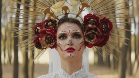 Woman with artistic makeup and floral headpiece in fantasy forest setting. Thematic fantasy photography. Mythology and nature spirit concept. Design for book cover, thematic event promotion, and - Powered by Shutterstock - Get 15% off with code: PIKWIZARD15