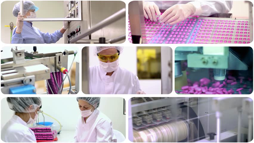 Drug Manufacturing - Multiscreen Video Montage. Pharmaceutical Manufacturing Equipment and Pharmaceutical Industry Workers. Pill Manufacturing and Packaging Line. Pharmaceutical Technology.