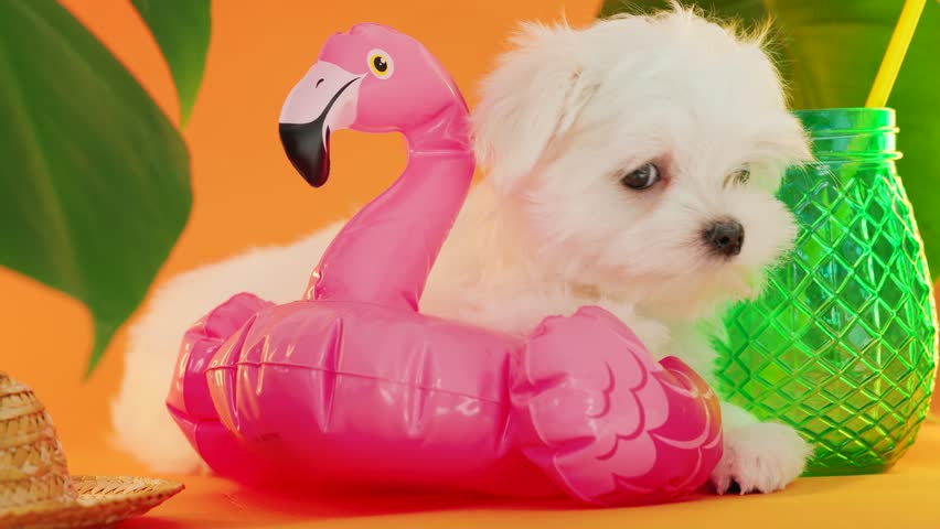 Cute small white puppies of the Maltez breed on trendy background. Vacation, Pets, lifestyle concept. Puppy in hat and sunglasses with cocktail and an inflatable circle for the pool. Royalty-Free Stock Footage #3446644545