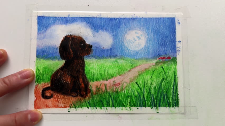 POV drawing cute cartoony illustration with dog sitting on rural path in green field looking at blue sky and Moon. Making color hatches. Film grain pixel texture. Soft focus. Blur. Live camera
