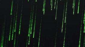 Matrix background, green digital rain on monitor screen close-up. Glowing digits and alphabet of matrix code falling. Cyberspace technology secure. Algorithm binary, data code, decryption, encoding