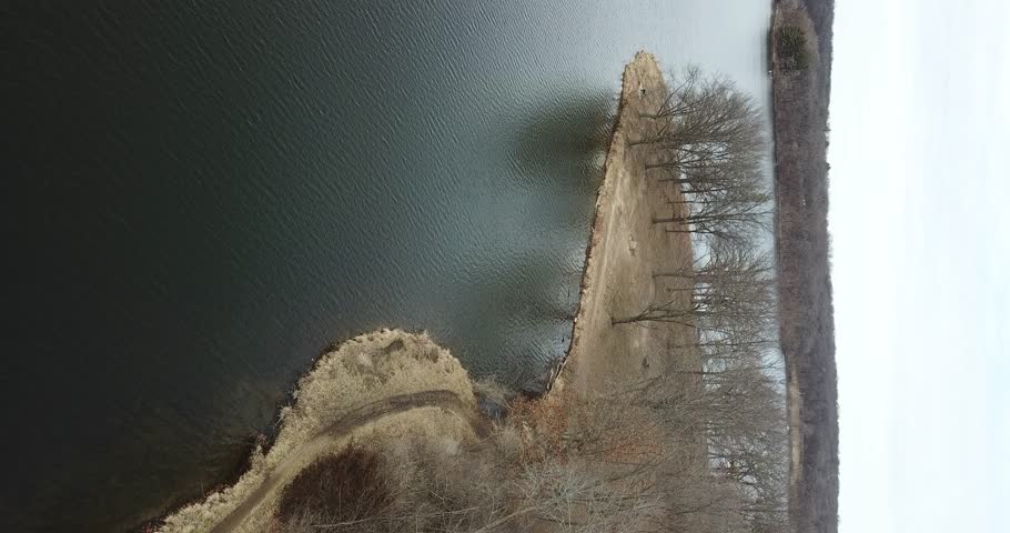4k high resolution vertical tilting up aerial drone video of water at a lake and bare trees close to the shoreline.