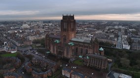Establishing Aerial View Shot of Liverpool UK, Merseyside, England United Kingdom, mix of sun and overcast