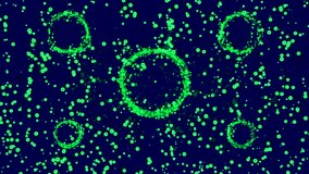 Circles background animation. Design. Green tiny particles and rings.