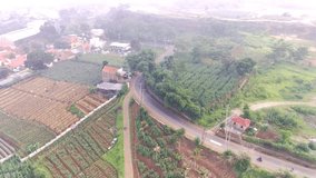 Aerial Footage of Plantation Fields in Cijapati, West Java Province, Indonesia. Landscape view of plantations in the hills. Shot from a drone flying 200 meters high with 4k Resolution 30fps Video
