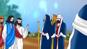 Video of Jesus stood outside talking to a group of people and some religious leaders.