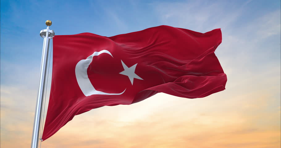 Flag of Türkiye (Turkey) realistic waving in the wind with sundown background (Perfect Loop)