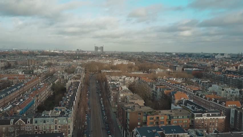 Aerial view of typical street in Amsterdam, Netherlands