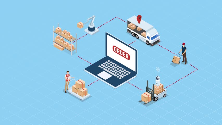 Global logistics solutions concept with Smart Logistics, Business logistics, Warehouse Logistic, Online delivery, Export and Import. 2D isometric Animation