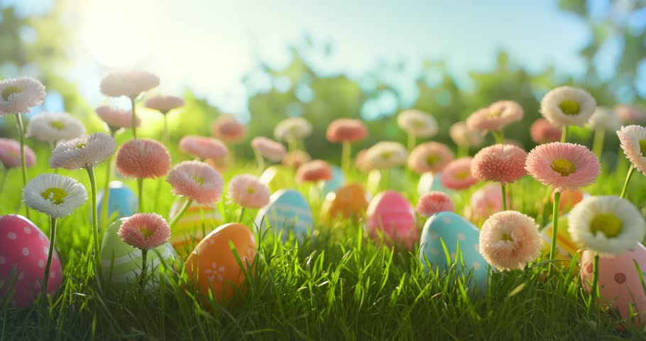 colorful easter eggs in a basket on the meadow Royalty-Free Stock Footage #3446955551