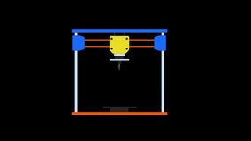 Pipeline part on 3d printer line 2D object animation. Technology three-dimensional printing flat color cartoon 4K video, alpha channel. Additive manufacturing device animated item on transparent