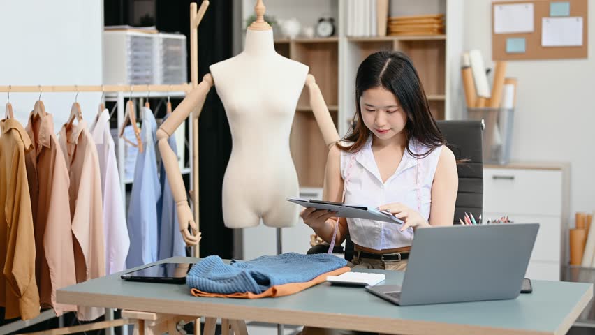 Asian tailor woman working on clothes in tailoring atelier. beautiful young female fashion designer smile and after success in studio