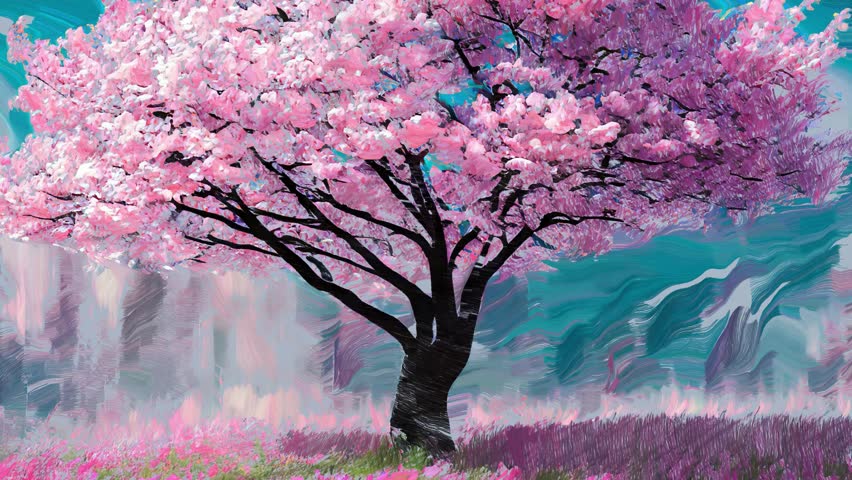 Cinematic parallax animation of springtime landscape with lush blooming pink sakura cherry tree in full blossom. Animated expressive artwork from my own digital art painting for oriental theme. Royalty-Free Stock Footage #3446996085
