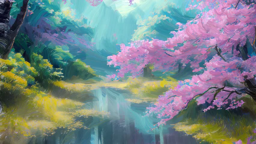 Cinematic parallax animation of picturesque spring landscape with pink sakura cherry tree in full blossom over calm river water. Loopable animated expressive artwork from my own digital art painting. Royalty-Free Stock Footage #3446996381
