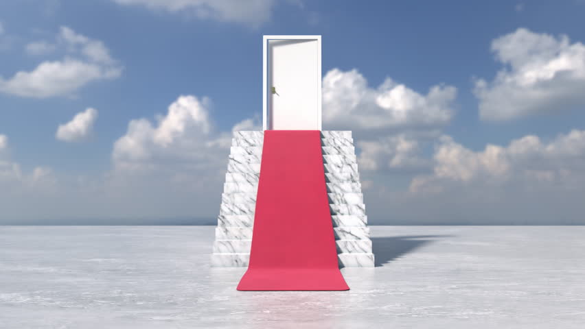 Red carpet unfolds on marble stairs leading to a door. Concept of fast and easy road to success. 3D animation.