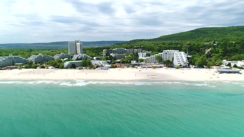 Aerial view of the beach and hotels in Albena, Bulgaria. Albena is a major Black Sea resort in northeastern Bulgaria, situated 30 km from Varna
