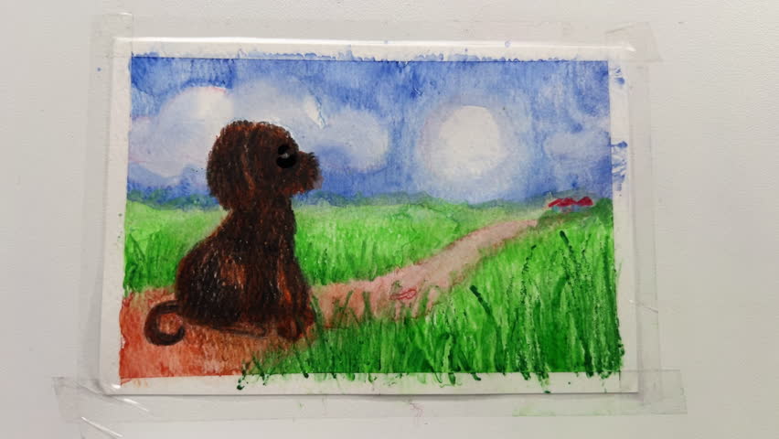 Speed paint of cute cartoony childrens illustration with puppy on meadow. Speedy process of drawing sketch using wooden color pencils. Film grain pixel texture. Soft focus. Blur. Live camera