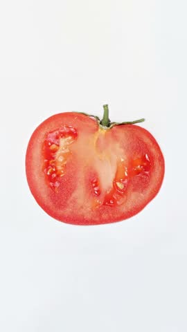 Rotting tomato at white background. Rotting and moldy tomato slice. Growing mold on the surface of a rotten tomato. Timelapse of growing mold on rotten tomato. Vertical footage. Close-up in 4K, UHD Royalty-Free Stock Footage #3447035263