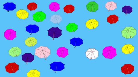 Multicolored bright flying umbrellas. Concept of legerity, flight, freedom, diversity, identity, joy, protection, arts, creativity and happiness. Holiday background. Festive mood.	