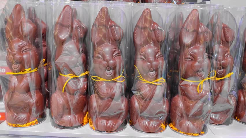 Pan shot of giant chocolate Easter bunnies with yellow ribbon bow tie in plastic packaging are on supermarket shelves and are ready to be sold for Easter Royalty-Free Stock Footage #3447115541