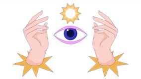 All seeing eye hands stars line 2D object animation. Spiritual guidance. Mystical symbols flat color cartoon 4K video, alpha channel. Eye of providence. IIluminati animated item on white background