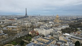 Tour Eiffel and Hotel National des Invalides, Paris cityscape, France. Aerial drone view