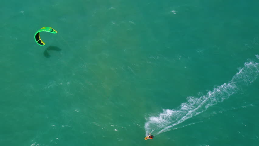 Aerial view of person practing kite surf, Cumbuco, Ceara, Brazil