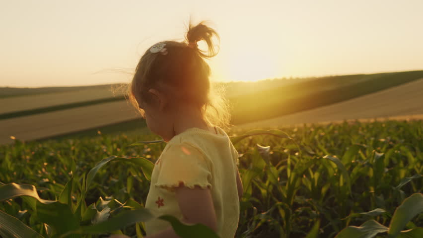 Happy little girl walking through cornfield. Child in casual clothes outdoor. Positive emotions, childhood idea Royalty-Free Stock Footage #3447238371