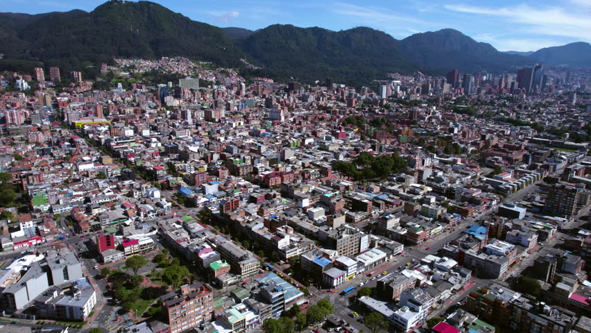 Aerial View of Bogota, Colombia, Flying Above Residential Suburbs, Buildings and Streets in Chapinero District