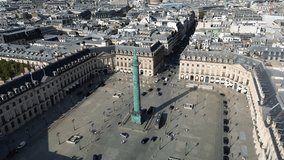 Column in Place Vendome, Paris in France. Aerial drone circling