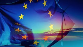 Slow motion of EU flag with wind turbines as background. Green energy and climate change concept, 4K - Powered by Shutterstock - Get 15% off with code: PIKWIZARD15