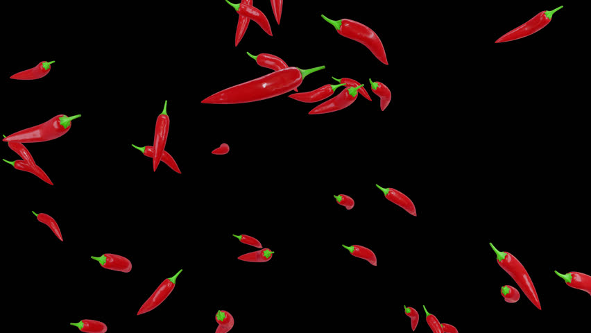 Falling red hot peppers on transparent background. Chili peppers loop. 3D Illustration