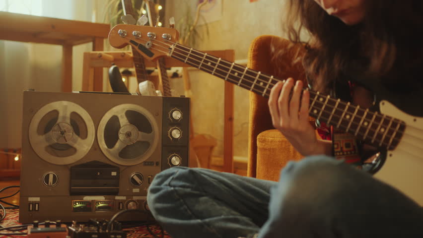 Young long-haired musician sitting on floor near retro reel-to-reel tape recorder, playing the guitar and moving head to music rhythm. Midsection shot Royalty-Free Stock Footage #3447366279