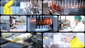 Global Pharmaceutical Industry - Dynamic Split Screen Video. Pharmaceutical Manufacturing Machines, Equipment and Pharmaceutical Industry Workers. Drug Manufacturing. Ampoule Medications.