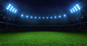 Sports background with a stadium at night with glowing spotlights. Camera flying over grass field. Professional 4K video loop for sports advertisement.