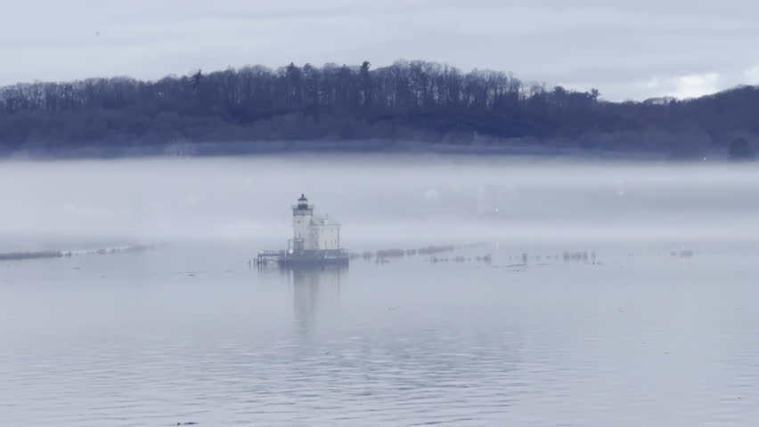 Rondaut lighthouse, Hudson river fog, Kingston New York USA