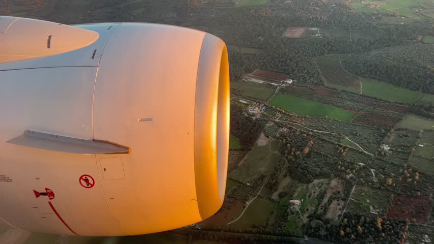 Closeup view of the left engine of a Boeing 737 jet bathed by the sun in the golden hour. Royalty-Free Stock Footage #3447472493