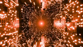 Science fiction futuristic background, looped animation. Flight through abstract futuristic city tunnel with neon colorful lights and buildings. Motion graphics, seamless. 3D