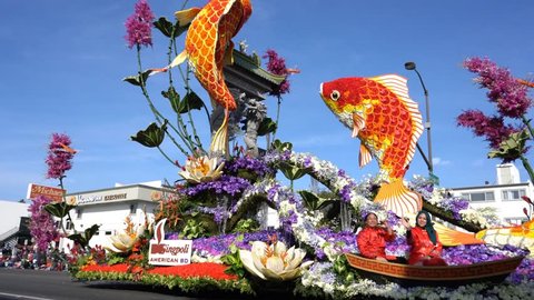 Pasadena,  JAN 1: Carp fish, Sweepstakes Award float in the famous Rose Parade - America's New Year Celebration on JAN 1, 2017 at Pasadena, California, United States