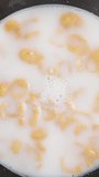 Plate of milk with wheat flakes, eat with a spoon. olly slider close up. Slow motion Vertical video.