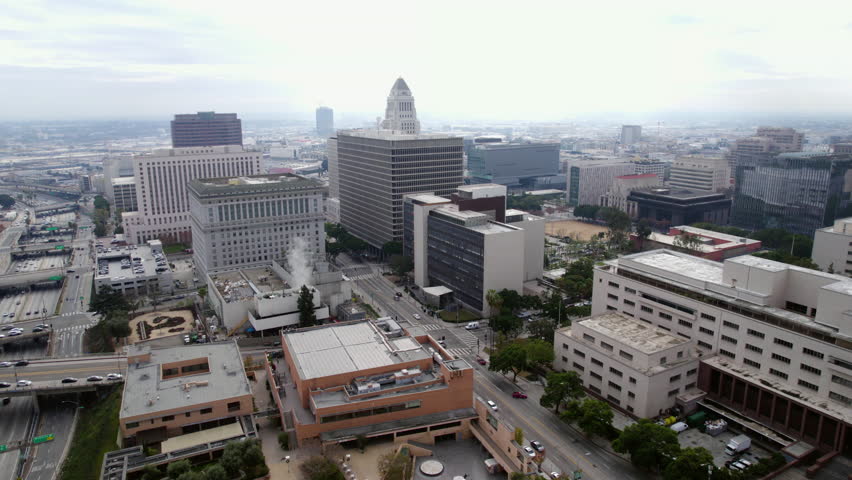 Los Angeles CA USA. Aerial View, Hall of Justice, County Courthouse and Administration Buildings, US-101 Highway Traffic, Cathedral of Our Lady of the Angles