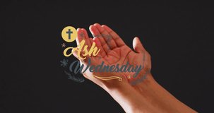 Animation of ash wednesday text over biracial woman's paying hands on wooden background. Easter, religion, christianity, tradition and celebration concept digitally generated video.