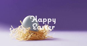 Animation of happy easter text over blue easter eggs on purple background. Easter, religion, christianity, tradition and celebration concept digitally generated video.