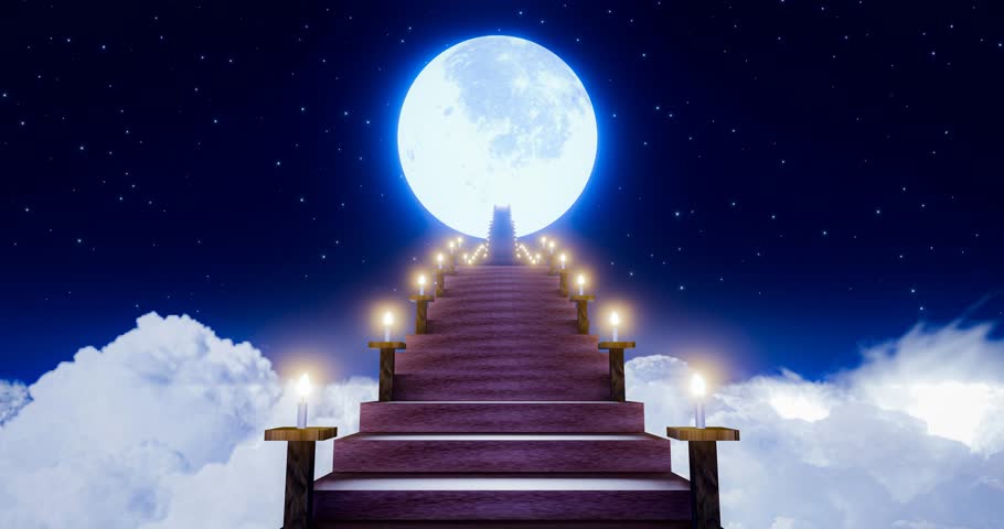 Stairway to heaven in concept. A wooden staircase extended down from the full moon to the ground in the middle of a high mountain floor. Stairs appear from the air. 3d rendering
