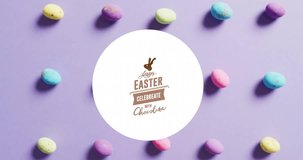 Animation of happy easter text over colourful easter eggs on purple background. Easter, religion, christianity, tradition and celebration concept digitally generated video.