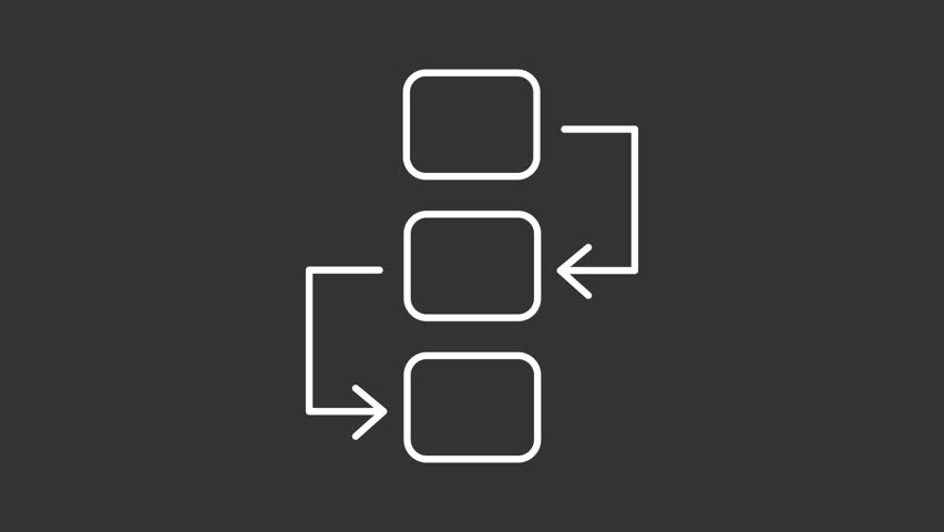 Animated flowchart white icon. Work process line animation. Step by step organization. Project management tool. Isolated illustration on dark background. Transition alpha video. Motion graphic