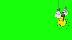 2d animated three bulbs hanging for top and move to right of green against green screen. Space for custom text and infographics. Idea,Education,Technology Concept. Used for presentation. 4k resolution - Powered by Shutterstock - Get 15% off with code: PIKWIZARD15